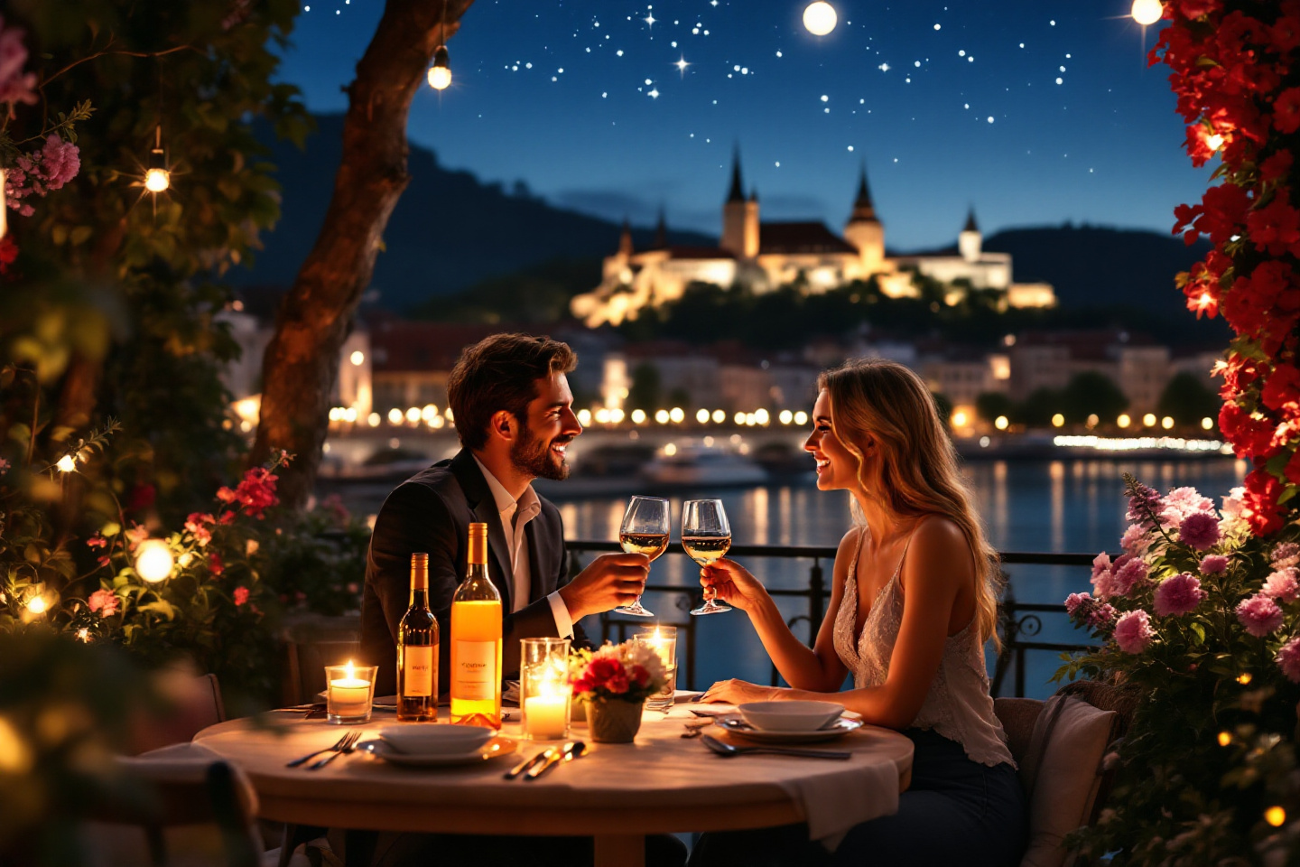 Dîner romantique sous les étoiles avec vue de château.